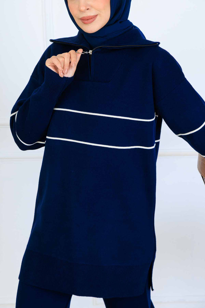 BNG Women Yakası Fermuarlı Şeritli Triko Takım S1050 Lacivert - Cannock