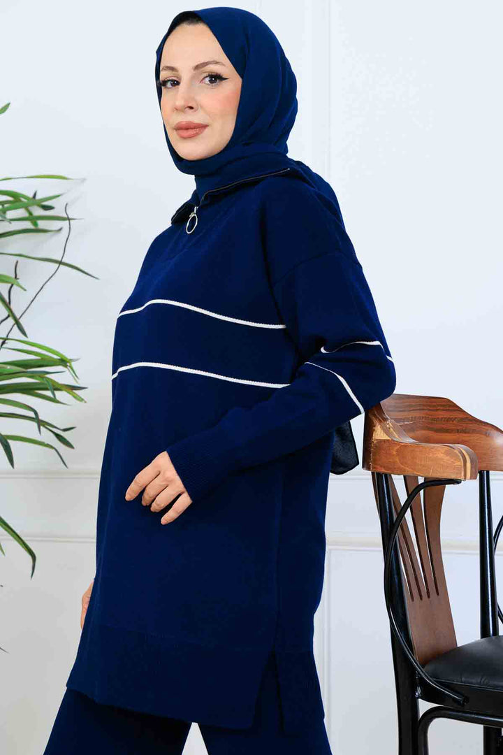 BNG Women Yakası Fermuarlı Şeritli Triko Takım S1050 Lacivert - Cannock