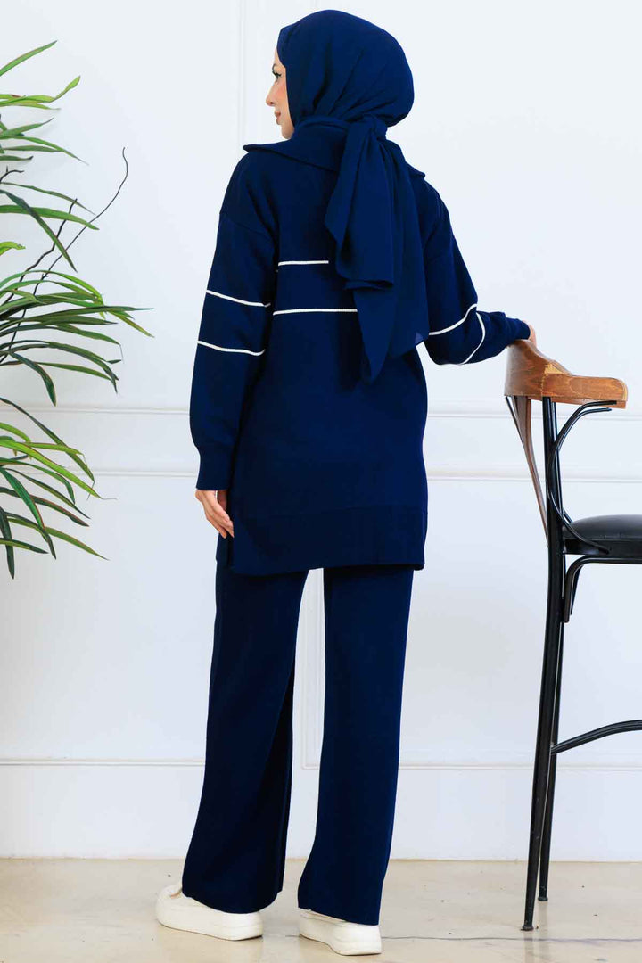 BNG Women Yakası Fermuarlı Şeritli Triko Takım S1050 Lacivert - Cannock