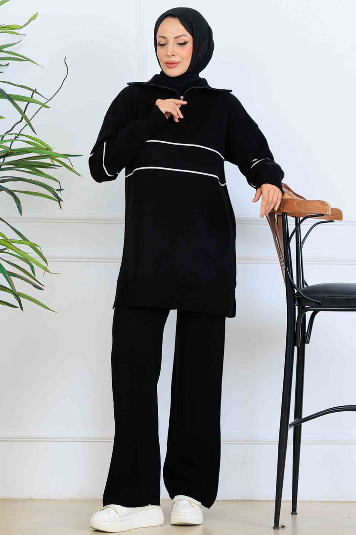 BNG Women Yakası Fermuarlı Şeritli Triko Takım S1050 Siyah - Fairbanks