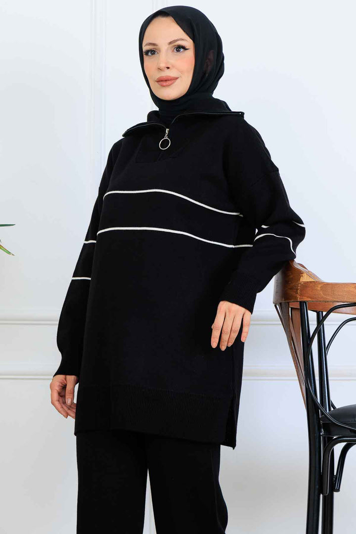 BNG Women Yakası Fermuarlı Şeritli Triko Takım S1050 Siyah - Fairbanks