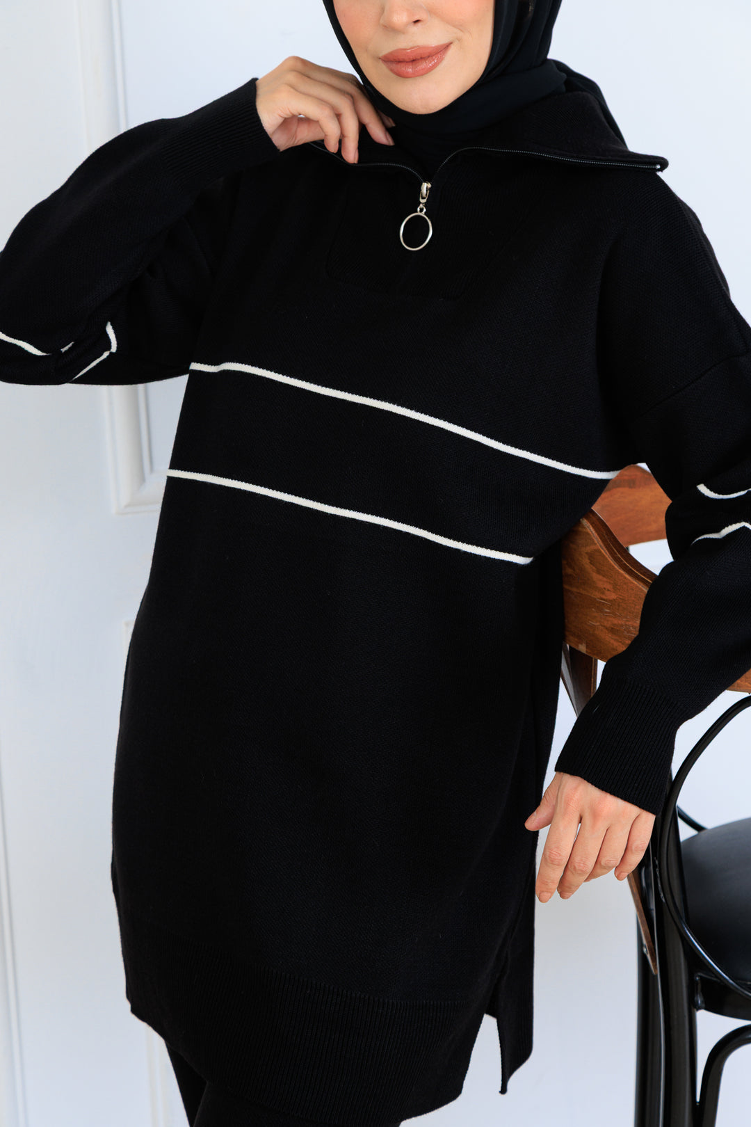 BNG Women Yakası Fermuarlı Şeritli Triko Takım S1050 Siyah - Fairbanks