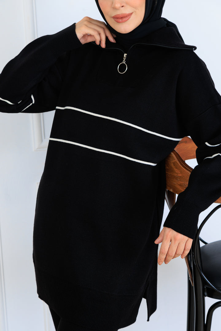 BNG Women Yakası Fermuarlı Şeritli Triko Takım S1050 Siyah - Fairbanks