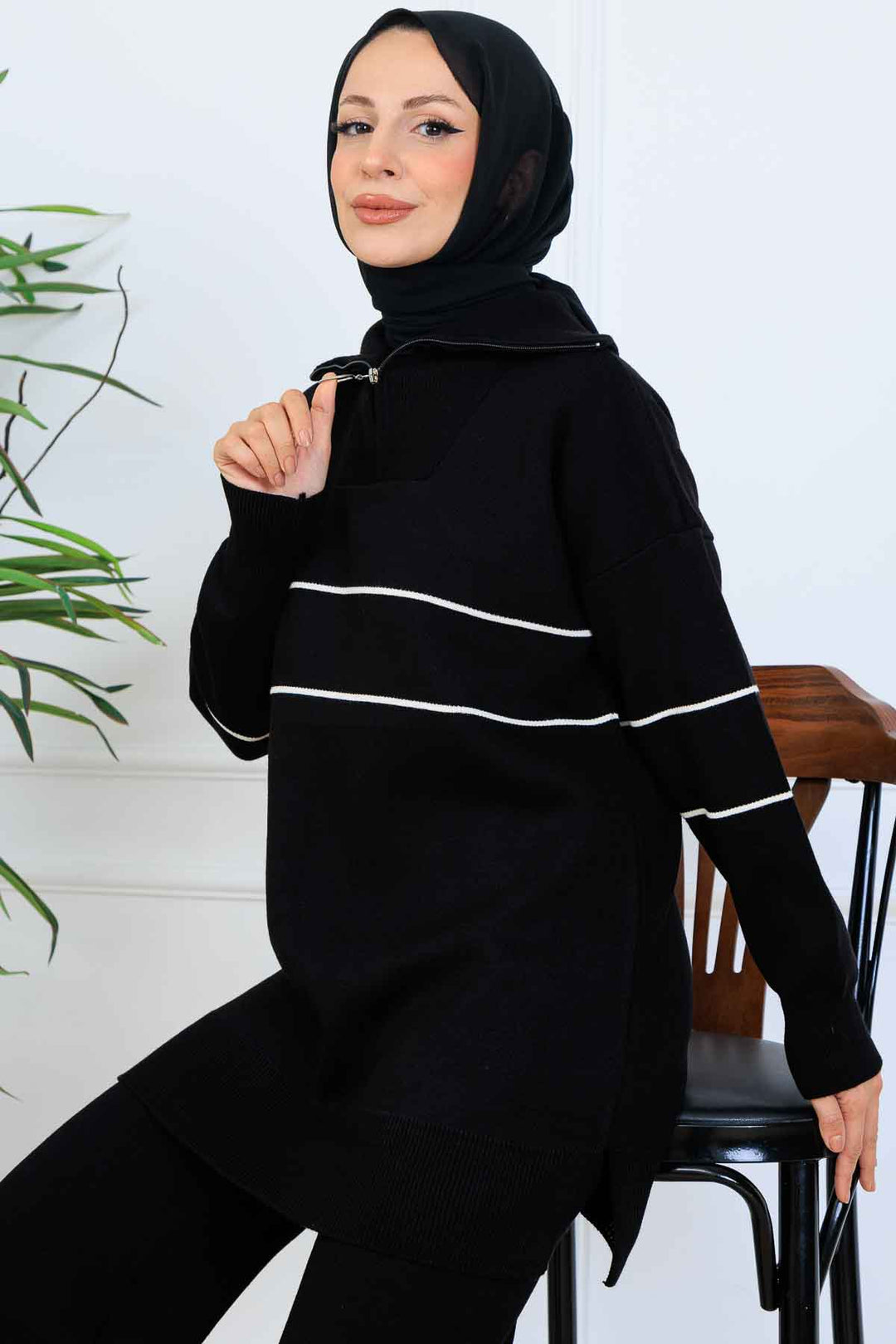 BNG Women Yakası Fermuarlı Şeritli Triko Takım S1050 Siyah - Fairbanks