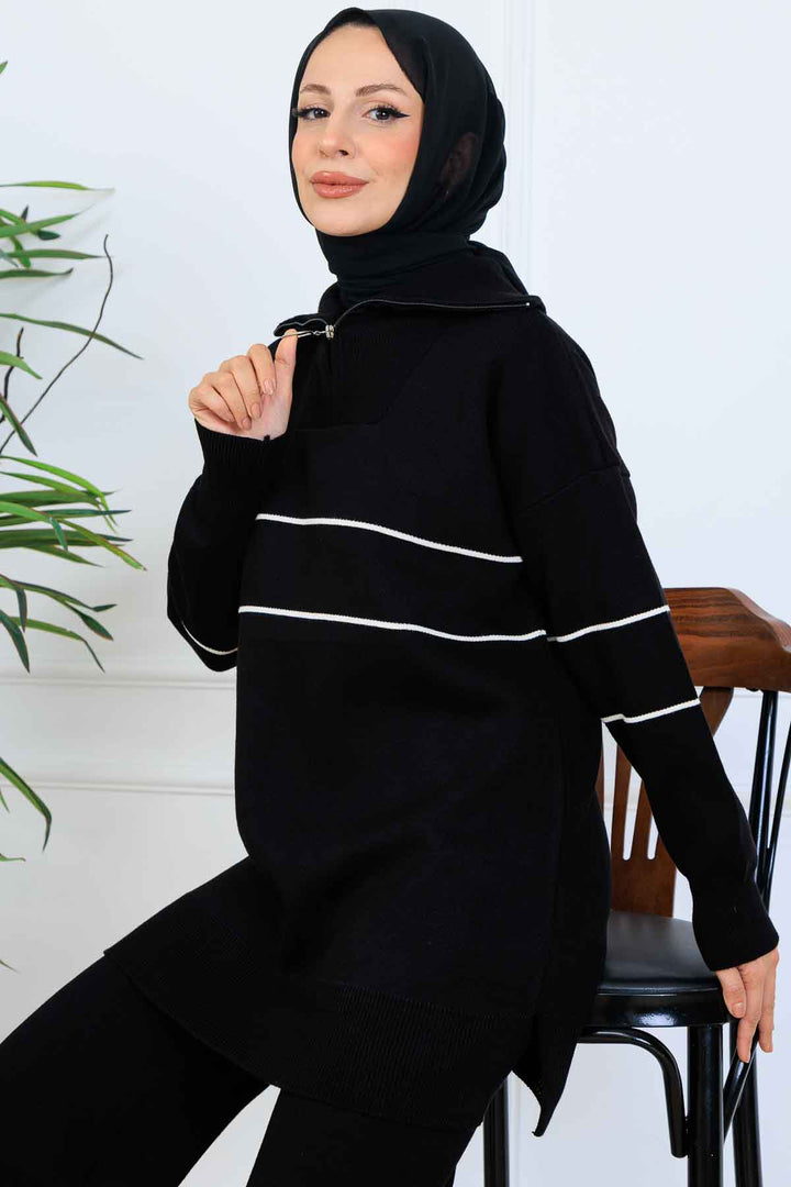 BNG Women Yakası Fermuarlı Şeritli Triko Takım S1050 Siyah - Fairbanks