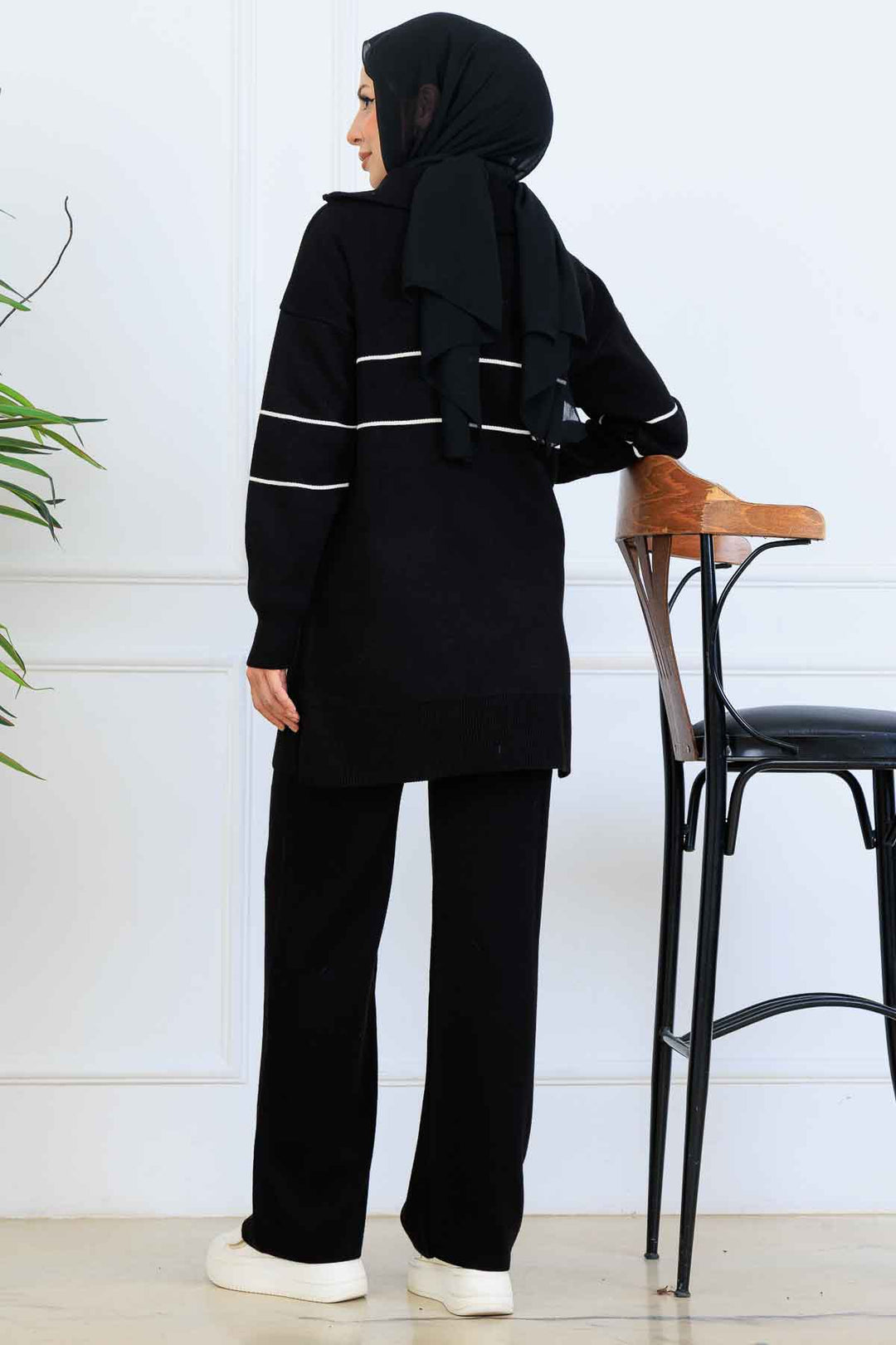 BNG Women Yakası Fermuarlı Şeritli Triko Takım S1050 Siyah - Fairbanks