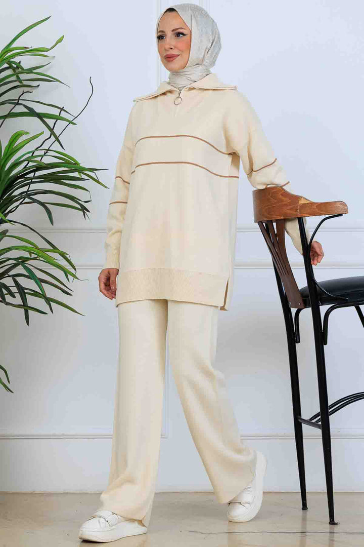 BNG Women Yakası Fermuarlı Şeritli Triko Takım S1050 Taş Rengi - Cortazar