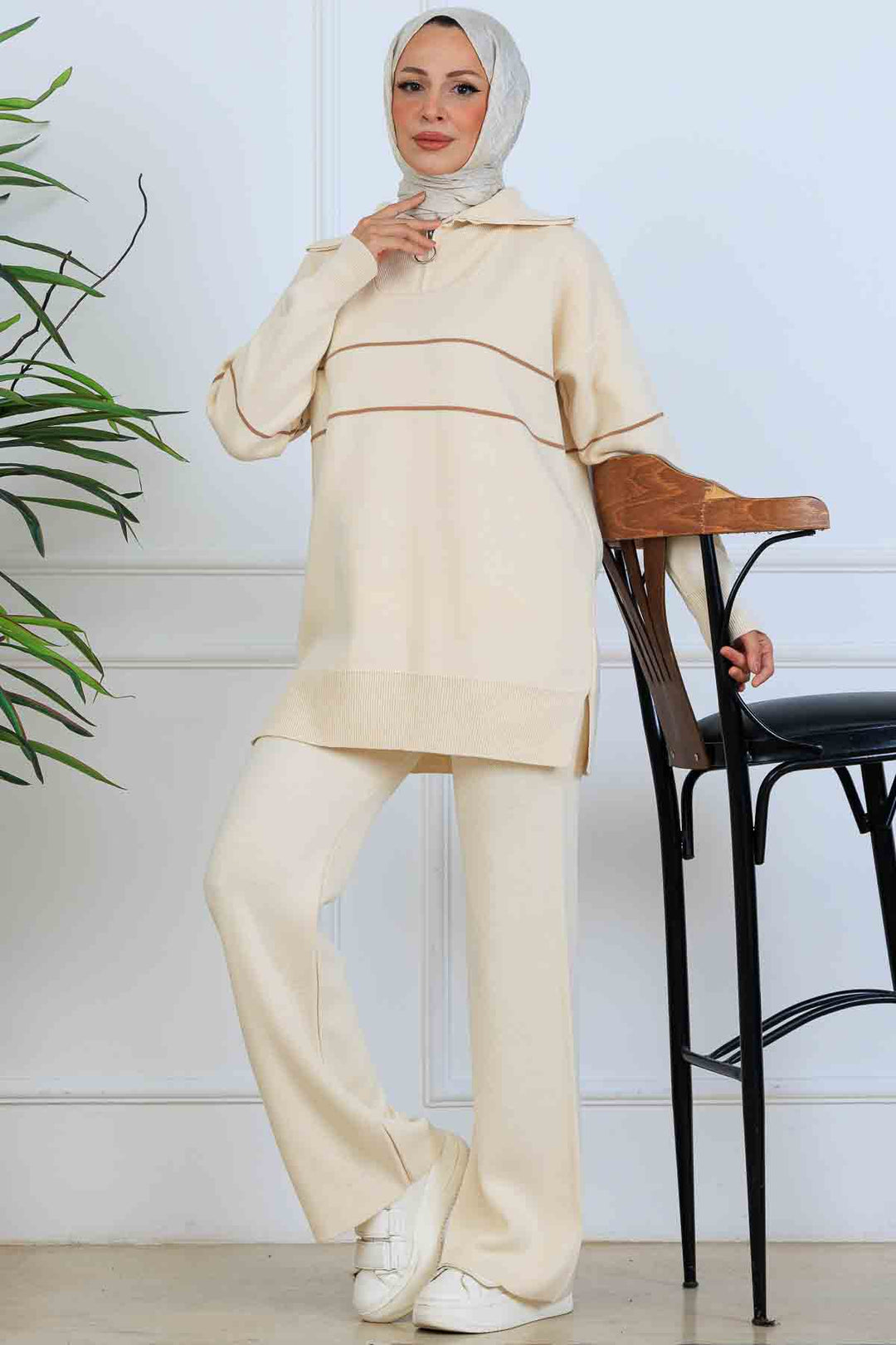 BNG Women Yakası Fermuarlı Şeritli Triko Takım S1050 Taş Rengi - Cortazar