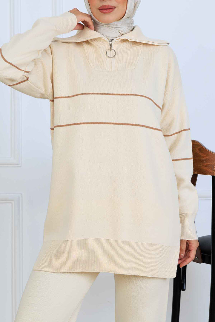 BNG Women Yakası Fermuarlı Şeritli Triko Takım S1050 Taş Rengi - Cortazar