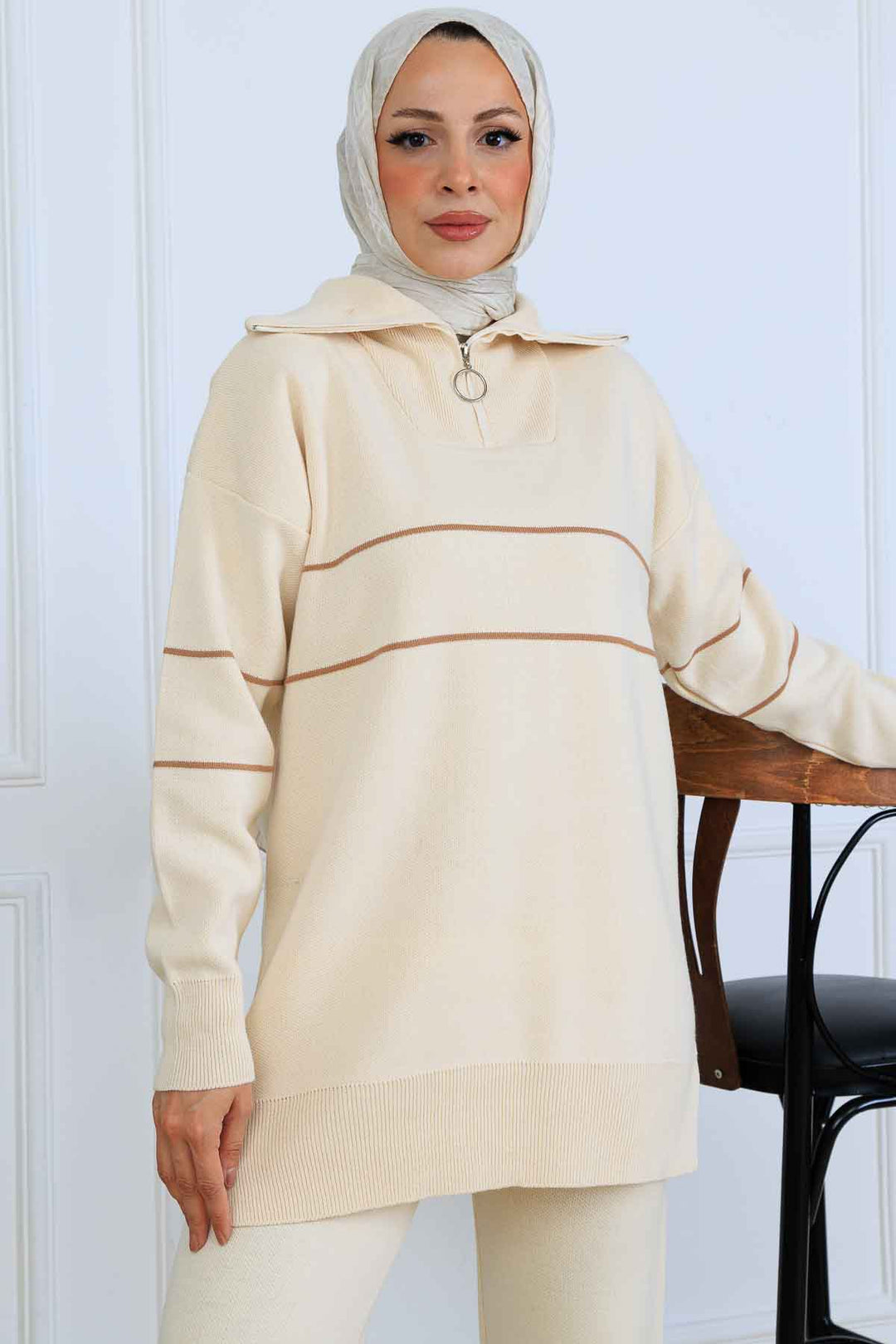 BNG Women Yakası Fermuarlı Şeritli Triko Takım S1050 Taş Rengi - Cortazar