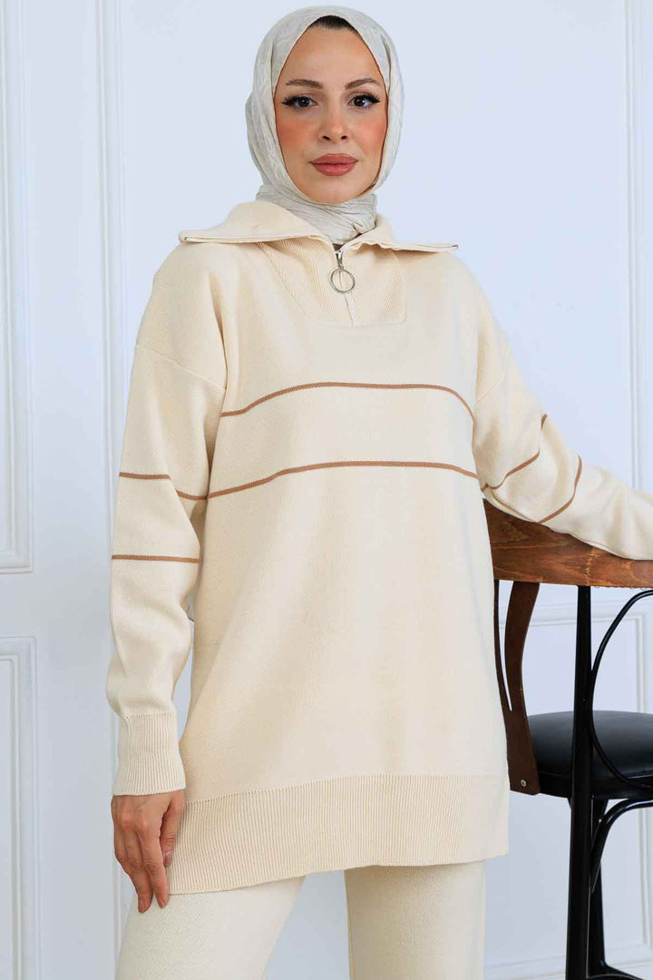BNG Women Yakası Fermuarlı Şeritli Triko Takım S1050 Taş Rengi - Cortazar