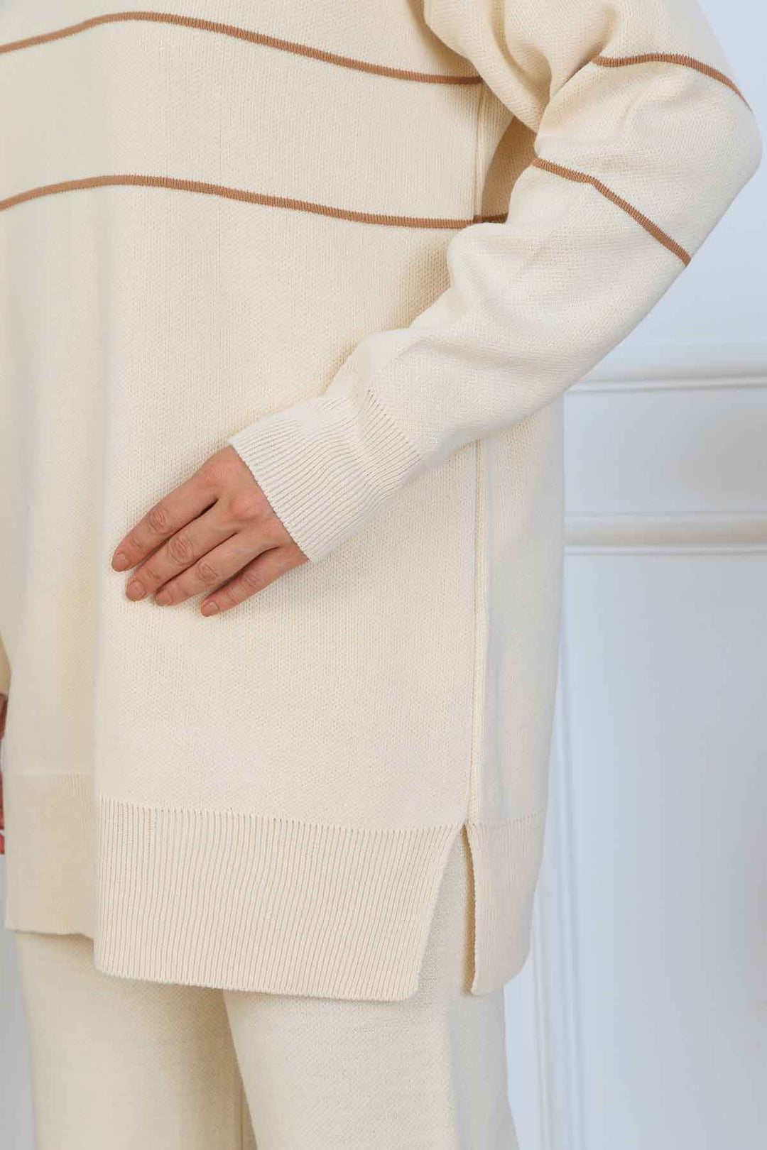 BNG Women Yakası Fermuarlı Şeritli Triko Takım S1050 Taş Rengi - Cortazar