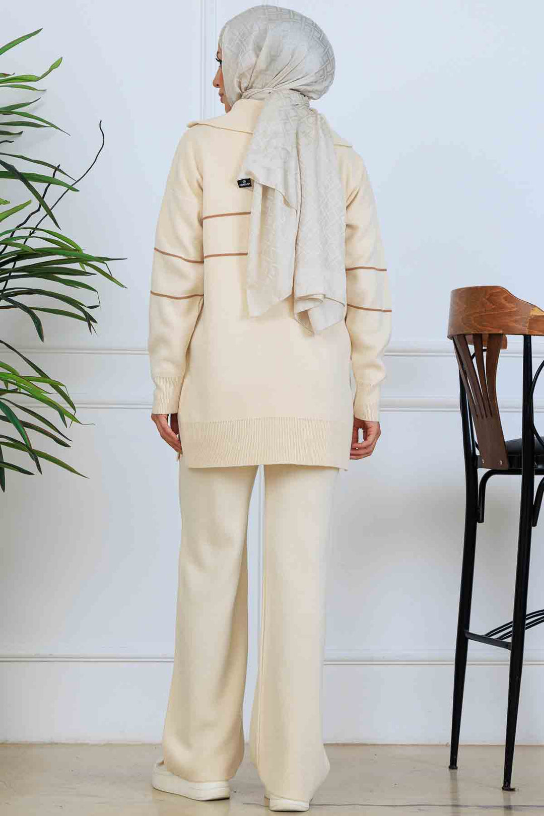 BNG Women Yakası Fermuarlı Şeritli Triko Takım S1050 Taş Rengi - Cortazar