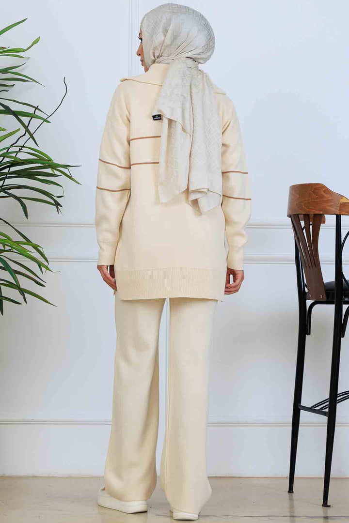 BNG Women Yakası Fermuarlı Şeritli Triko Takım S1050 Taş Rengi - Cortazar