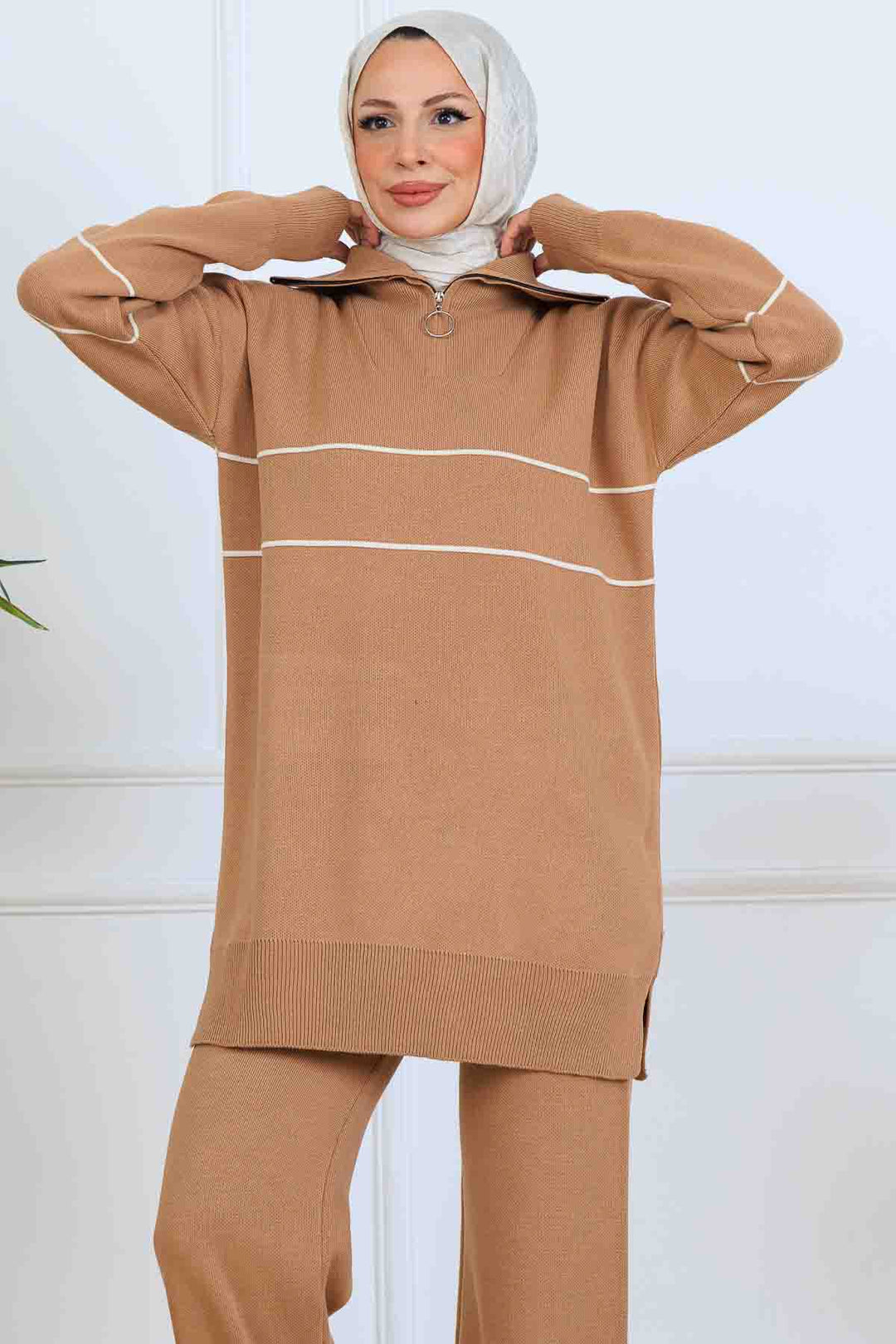 BNG Women Yakası Fermuarlı Şeritli Triko Takım S1050 Vizon - Makiivka