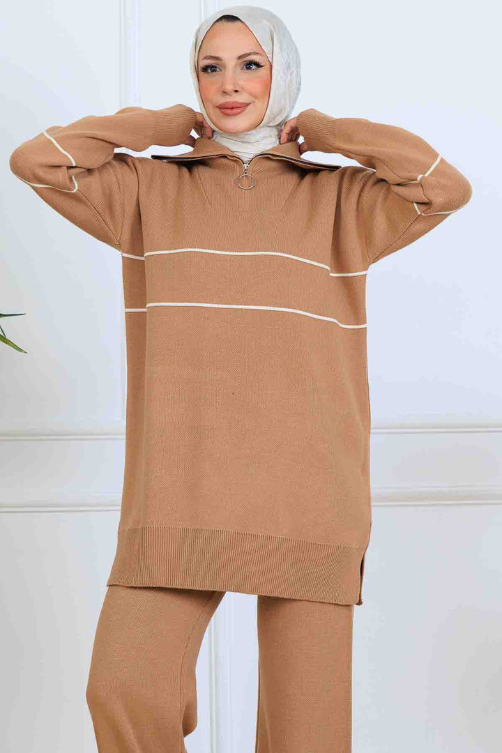 BNG Women Yakası Fermuarlı Şeritli Triko Takım S1050 Vizon - Makiivka