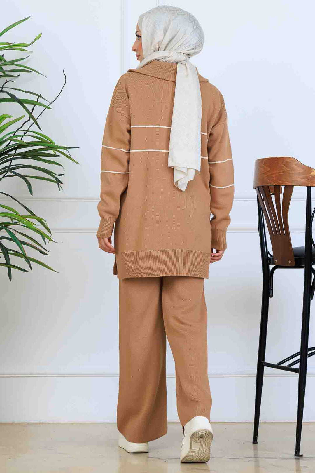 BNG Women Yakası Fermuarlı Şeritli Triko Takım S1050 Vizon - Makiivka