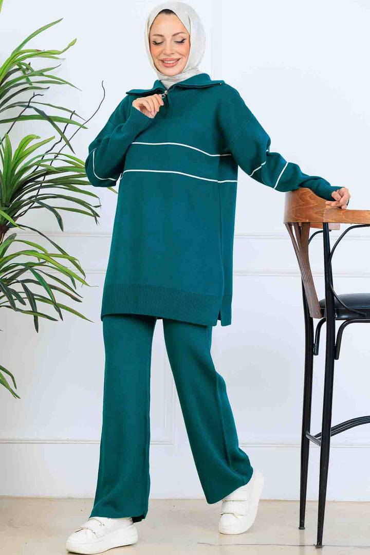 BNG Women Yakası Fermuarlı Şeritli Triko Takım S1050 Zümrüt Yeşili - Acatlán de Pérez Figueroa