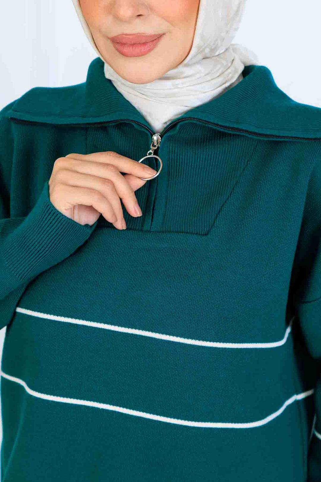 BNG Women Yakası Fermuarlı Şeritli Triko Takım S1050 Zümrüt Yeşili - Acatlán de Pérez Figueroa