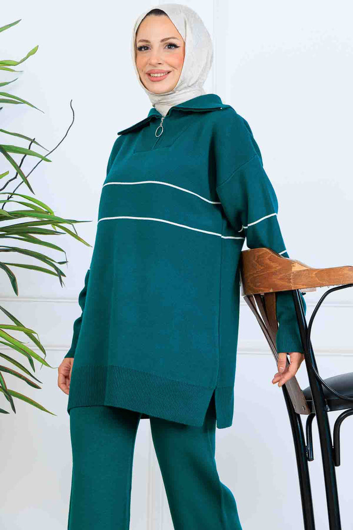 BNG Women Yakası Fermuarlı Şeritli Triko Takım S1050 Zümrüt Yeşili - Acatlán de Pérez Figueroa