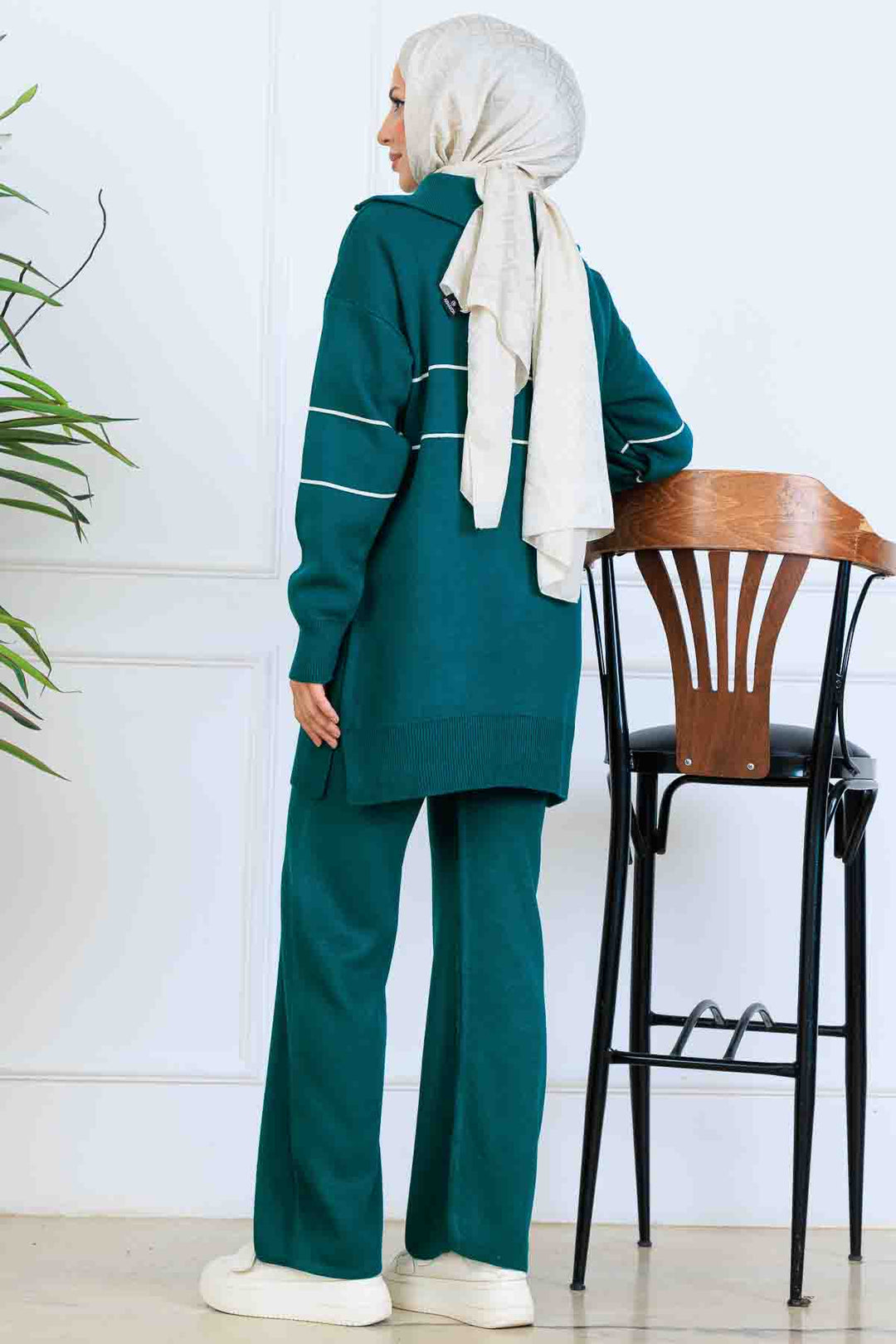 BNG Women Yakası Fermuarlı Şeritli Triko Takım S1050 Zümrüt Yeşili - Acatlán de Pérez Figueroa