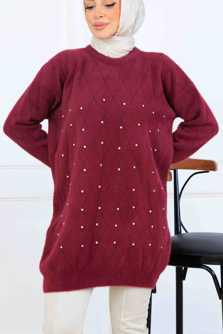 BNG Women Taş Detaylı Triko Tunik S3008 Mürdüm - Târgu Jiu