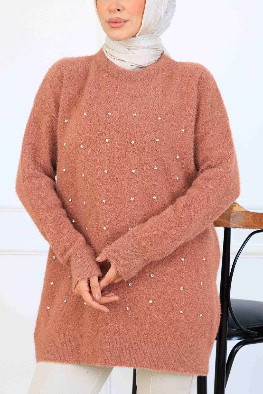 BNG Women Taş Detaylı Triko Tunik S3008 Gül - Puteaux