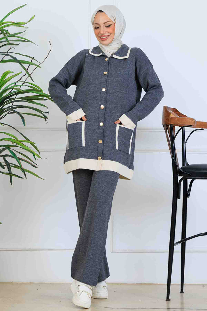 BNG Women Düğmeli Çizgi Detaylı Triko Takım S1043 Antrasit - Orléans