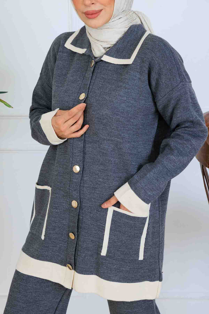 BNG Women Düğmeli Çizgi Detaylı Triko Takım S1043 Antrasit - Orléans