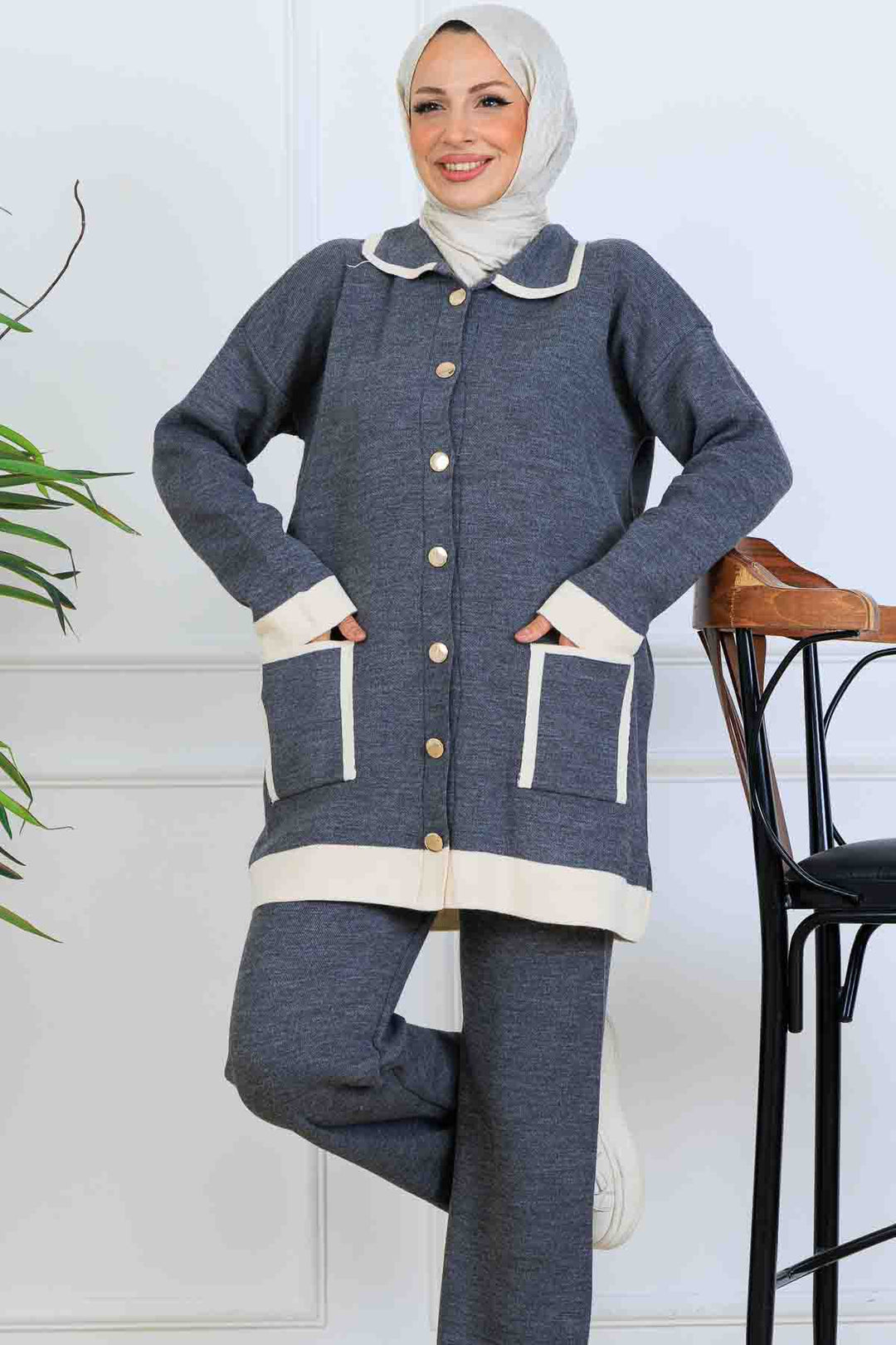 BNG Women Düğmeli Çizgi Detaylı Triko Takım S1043 Antrasit - Orléans