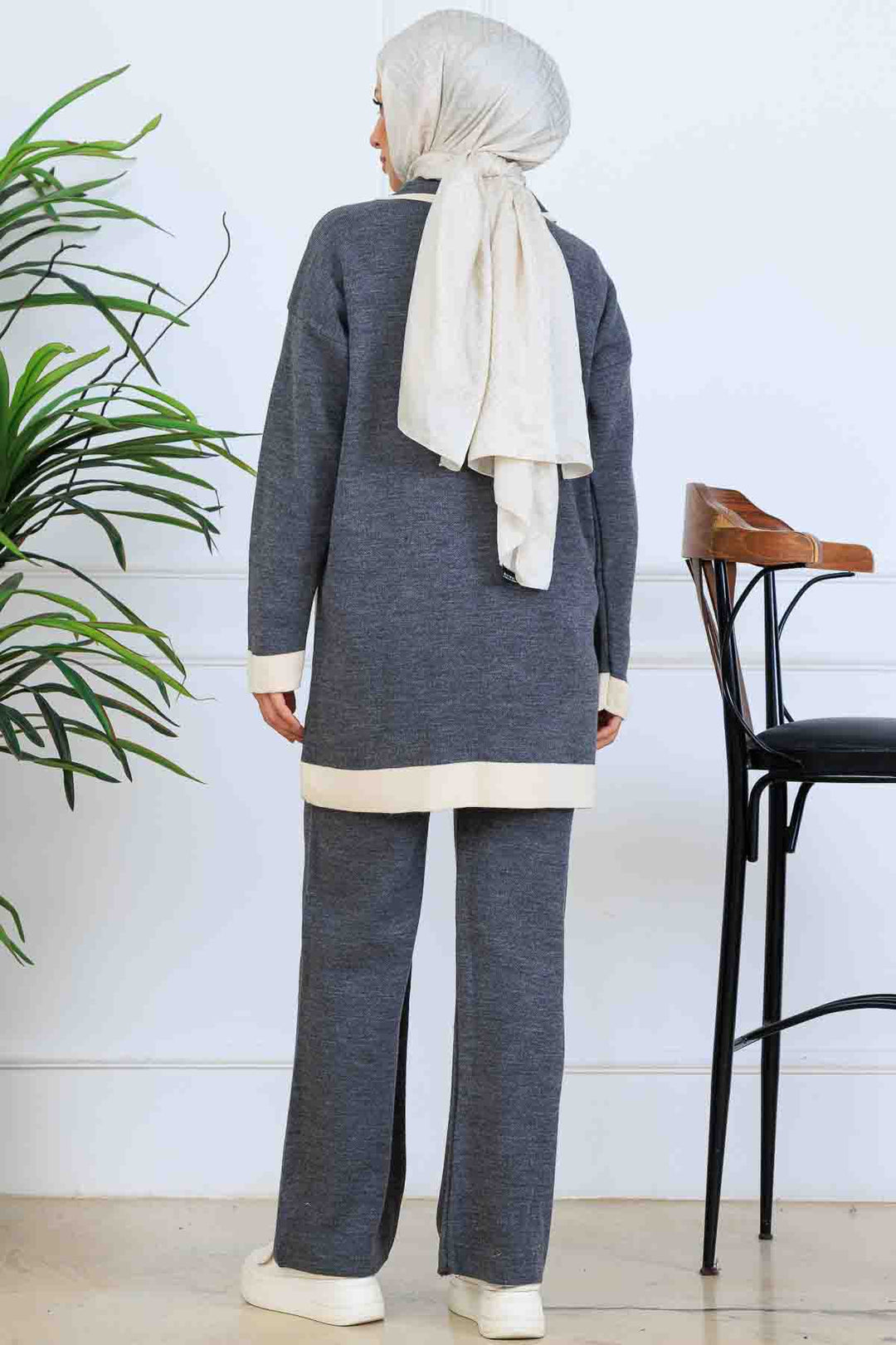 BNG Women Düğmeli Çizgi Detaylı Triko Takım S1043 Antrasit - Orléans