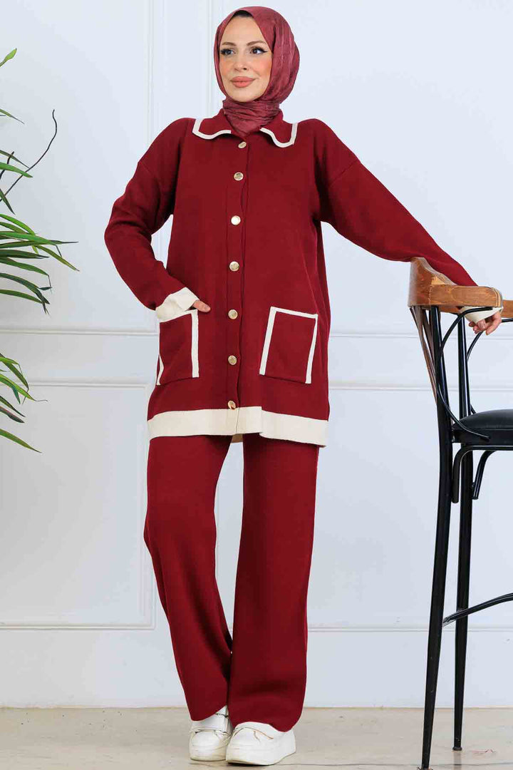 BNG Women Düğmeli Çizgi Detaylı Triko Takım S1043 Bordo - Rialto