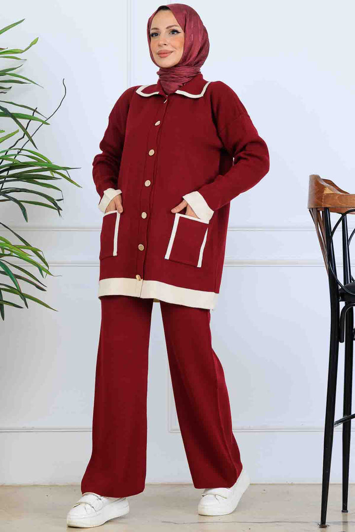 BNG Women Düğmeli Çizgi Detaylı Triko Takım S1043 Bordo - Rialto