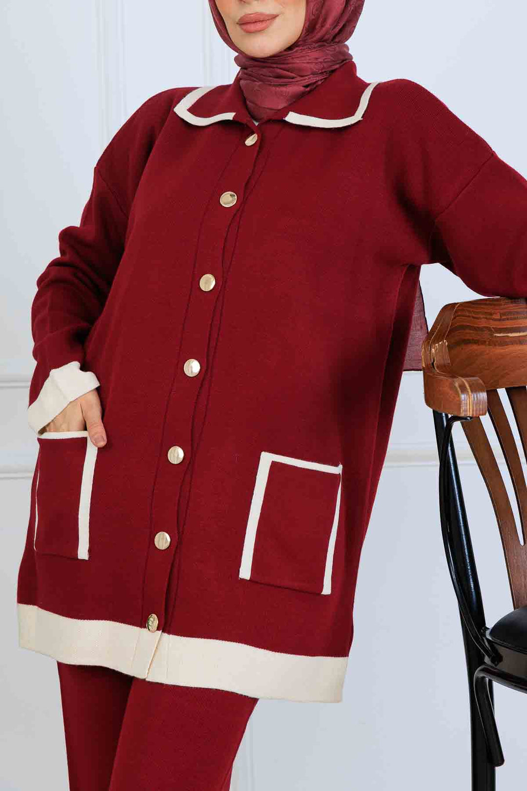 BNG Women Düğmeli Çizgi Detaylı Triko Takım S1043 Bordo - Rialto