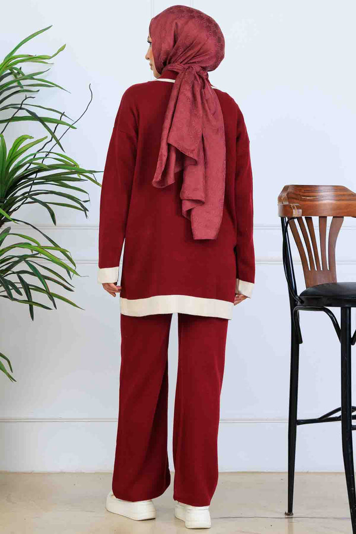 BNG Women Düğmeli Çizgi Detaylı Triko Takım S1043 Bordo - Rialto