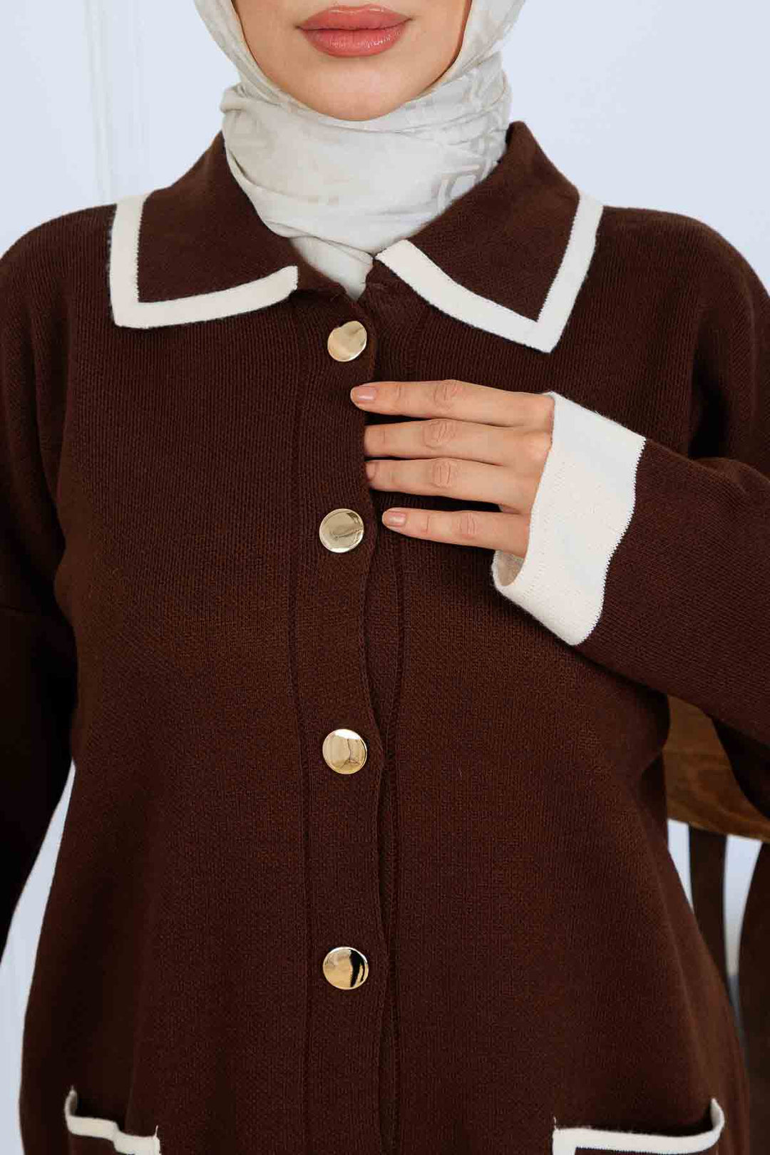 BNG Women Düğmeli Çizgi Detaylı Triko Takım S1043 Kahverengi - Villajoyosa