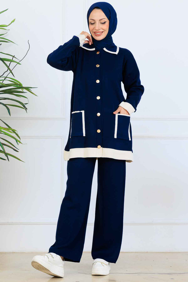 BNG Women Buttoned Line Detailed Knit Set S1043 Navy - Pikesville
