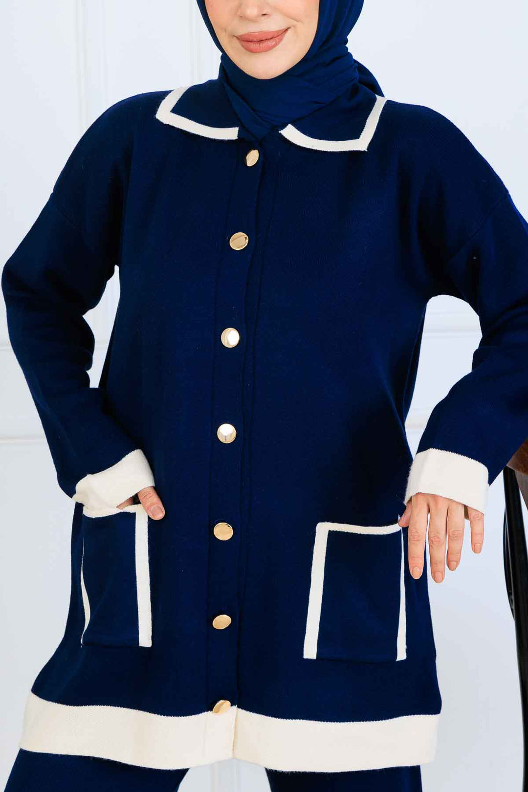 BNG Women Buttoned Line Detailed Knit Set S1043 Navy - Pikesville