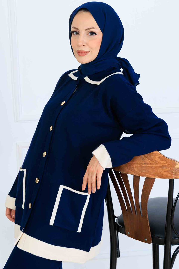 BNG Women Buttoned Line Detailed Knit Set S1043 Navy - Pikesville