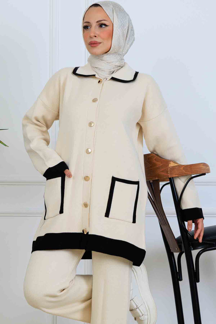 BNG Women Düğmeli Çizgi Detaylı Triko Takım S1043 Taş Rengi - Bourges