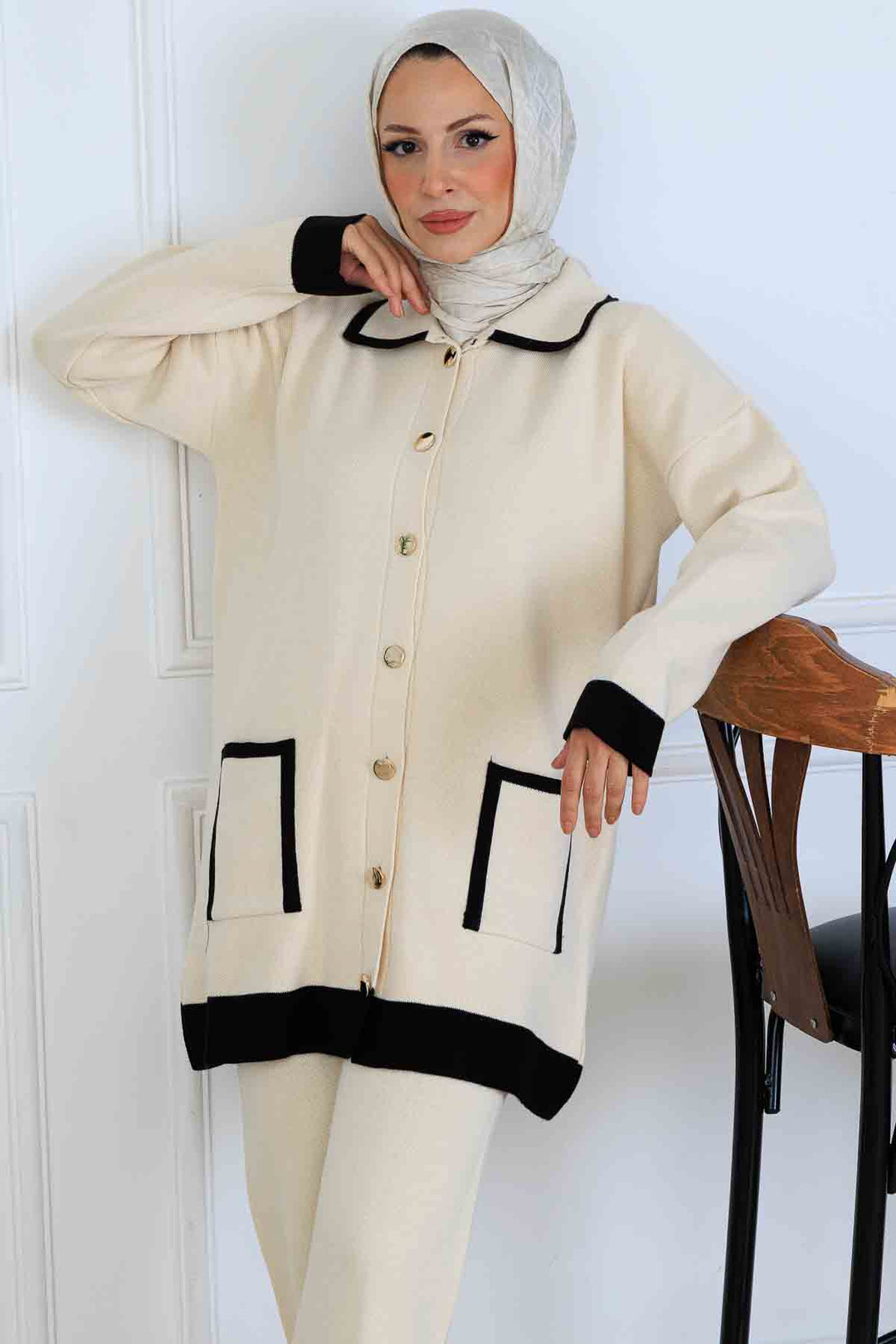 BNG Women Düğmeli Çizgi Detaylı Triko Takım S1043 Taş Rengi - Bourges