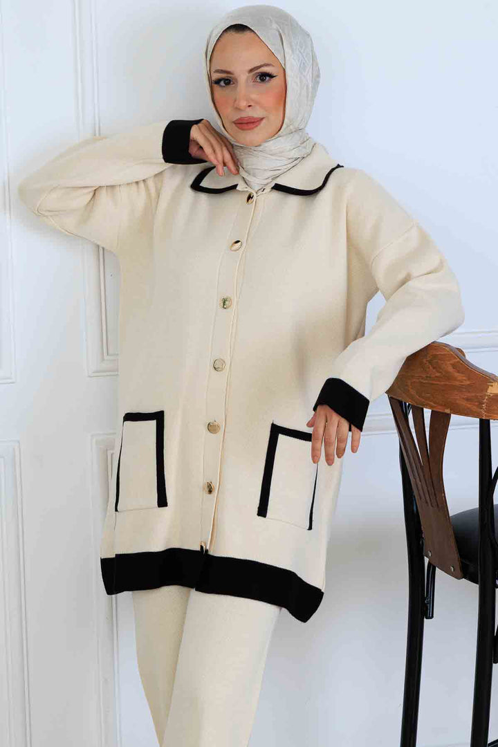 BNG Women Düğmeli Çizgi Detaylı Triko Takım S1043 Taş Rengi - Bourges