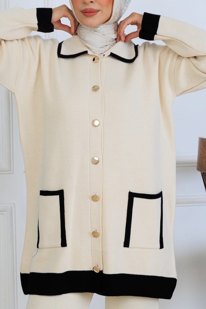 BNG Women Düğmeli Çizgi Detaylı Triko Takım S1043 Taş Rengi - Bourges