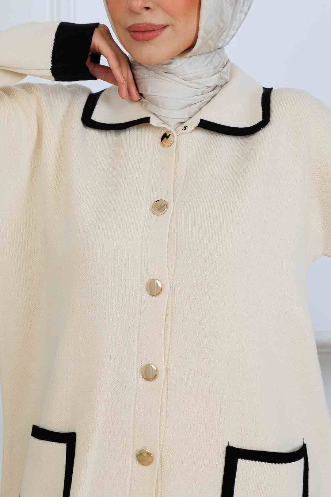 BNG Women Düğmeli Çizgi Detaylı Triko Takım S1043 Taş Rengi - Bourges