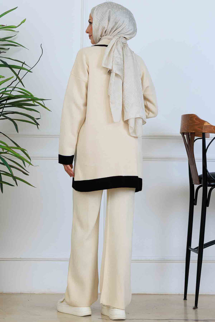 BNG Women Düğmeli Çizgi Detaylı Triko Takım S1043 Taş Rengi - Bourges