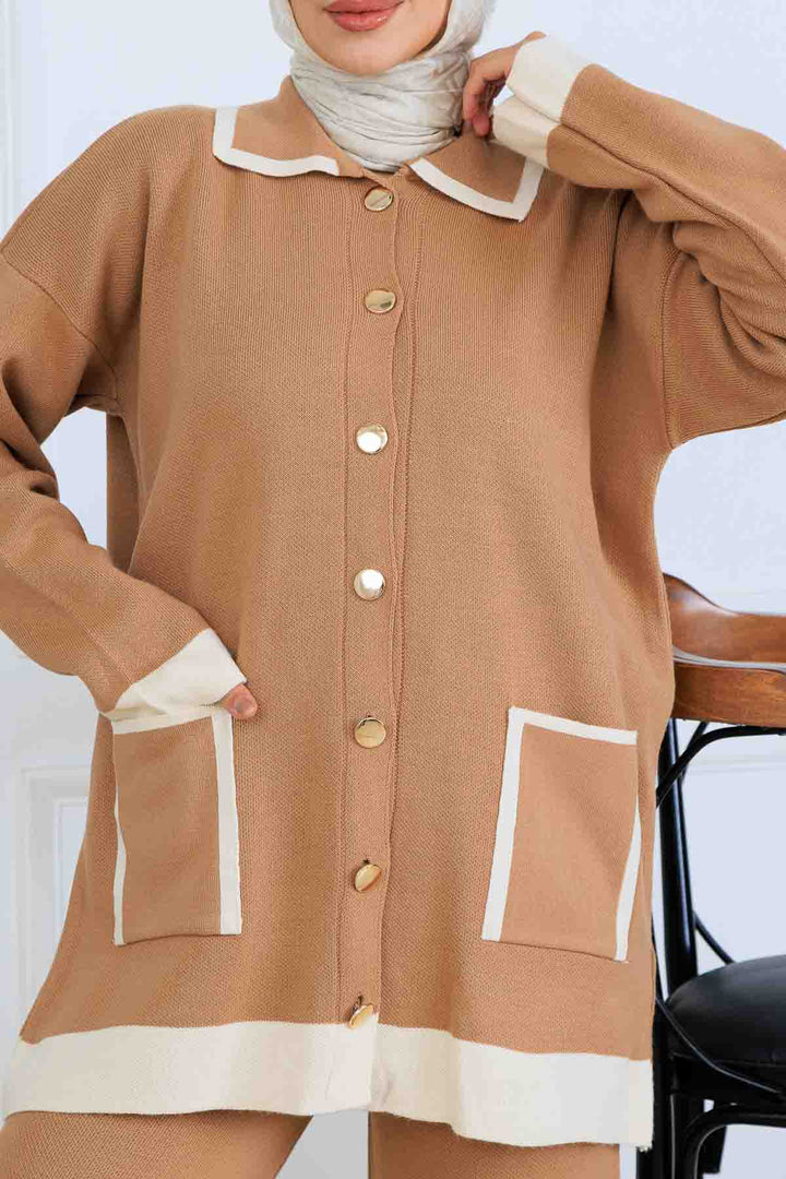 BNG Women Düğmeli Çizgi Detaylı Triko Takım S1043 Vizon - Lafayette