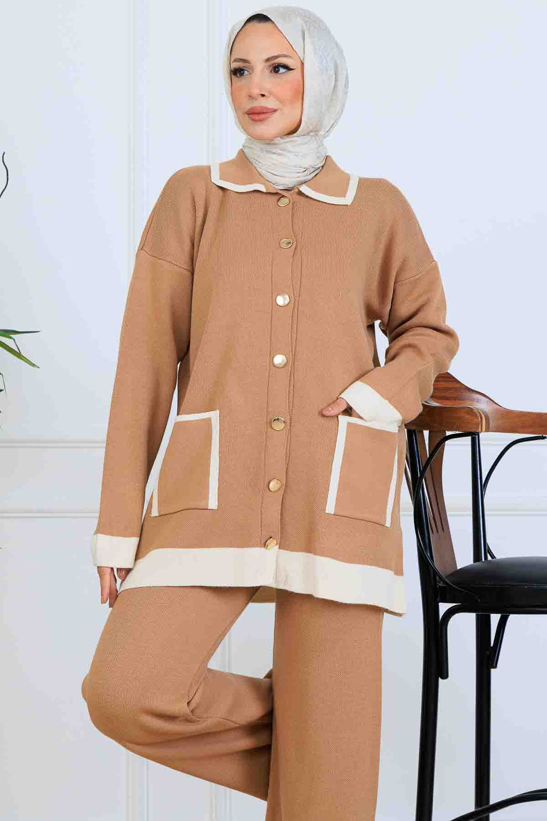 BNG Women Düğmeli Çizgi Detaylı Triko Takım S1043 Vizon - Lafayette