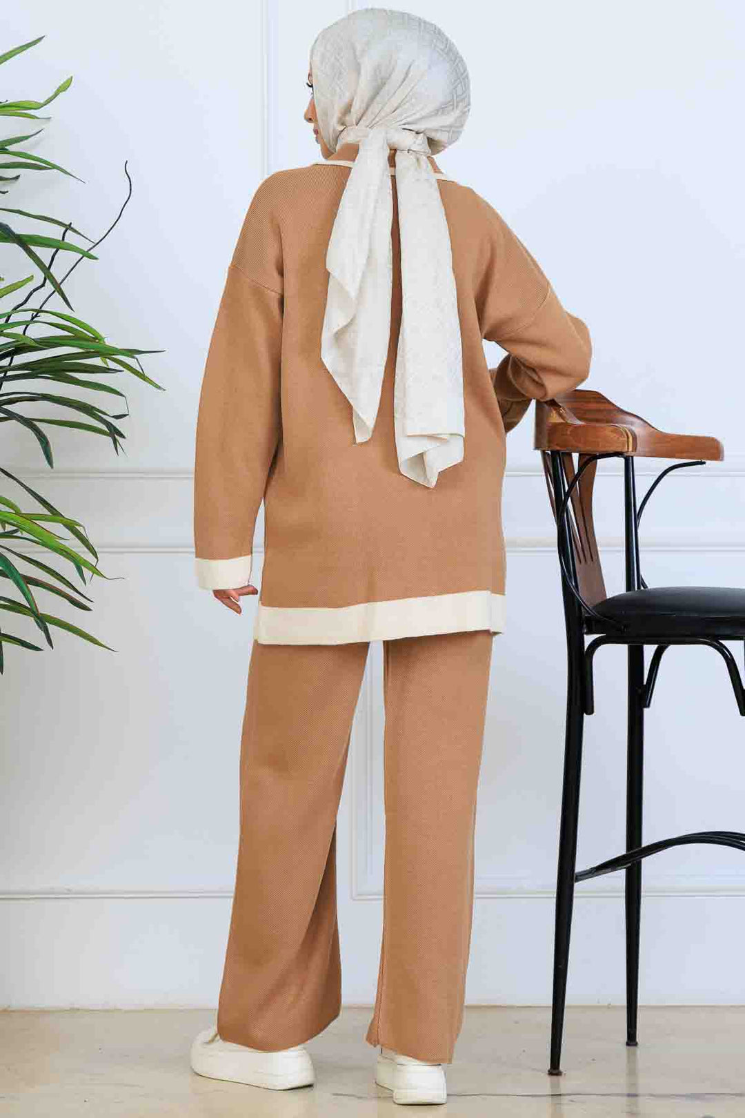 BNG Women Düğmeli Çizgi Detaylı Triko Takım S1043 Vizon - Lafayette