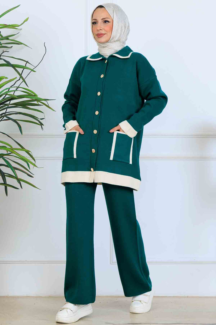 BNG Women Düğmeli Çizgi Detaylı Triko Takım S1043 Zümrüt Yeşili - Port Macquarie