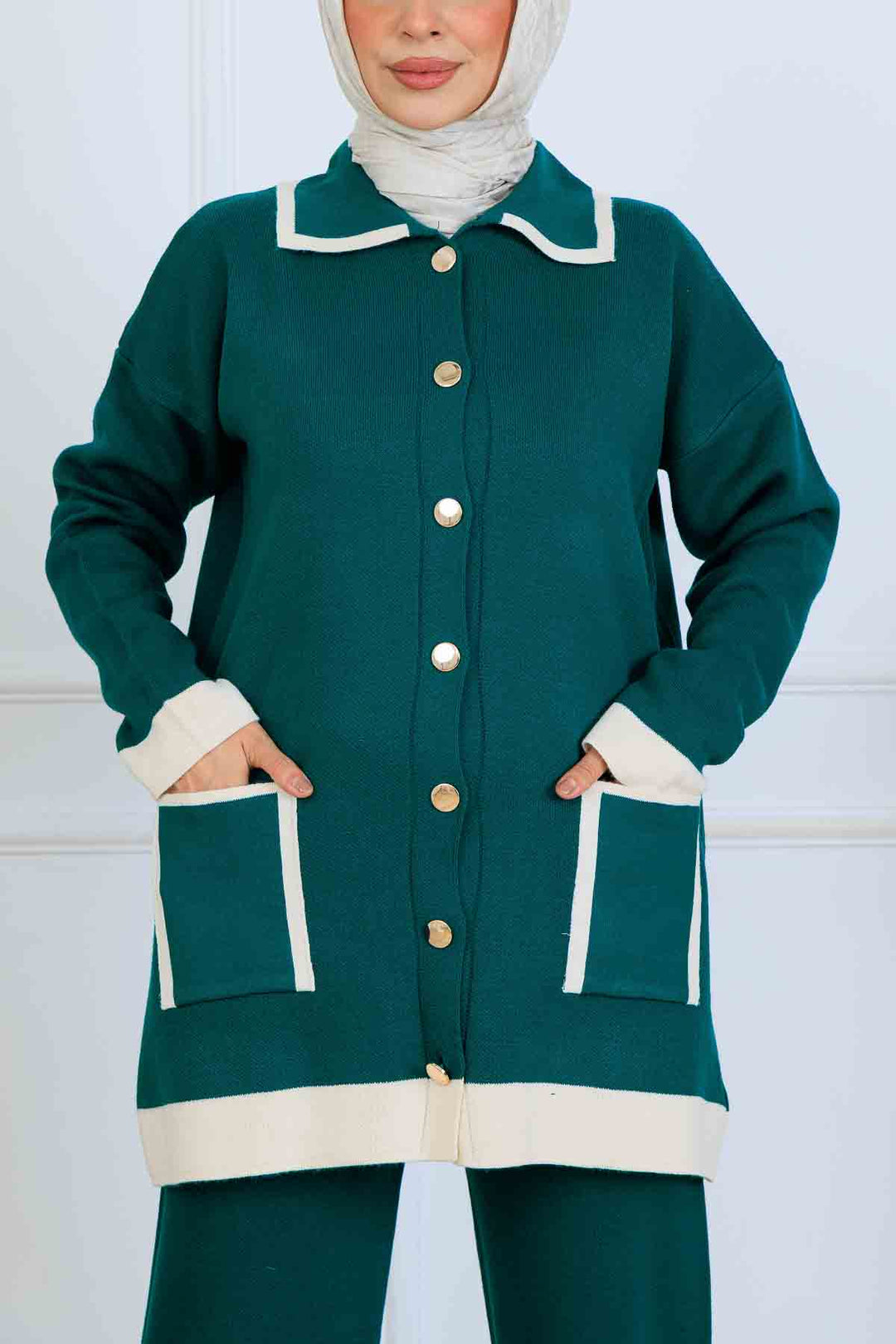 BNG Women Düğmeli Çizgi Detaylı Triko Takım S1043 Zümrüt Yeşili - Port Macquarie